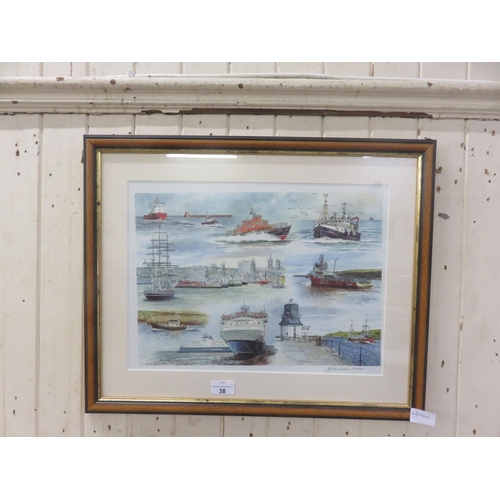 38 - Framed Print Limited Edition 218/500 Boats in Aberdeen. Tall Ships, Ferries, Pilot Boat etc. J Suthe... 