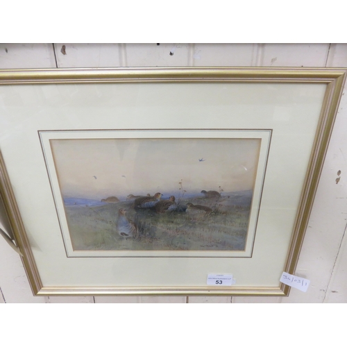 53 - Framed Watercolour - Partridges in Stubble - Mono C.W. (Charles Whymper)