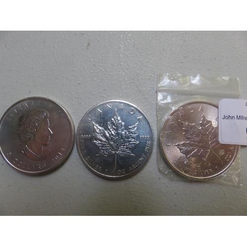 93 - Three Fine Silver - 1oz - Canadian 5 Dollar Coins