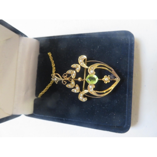 96 - Art Nouveau 9ct Gold Pearl Gem Pendant on Yellow Metal Chain