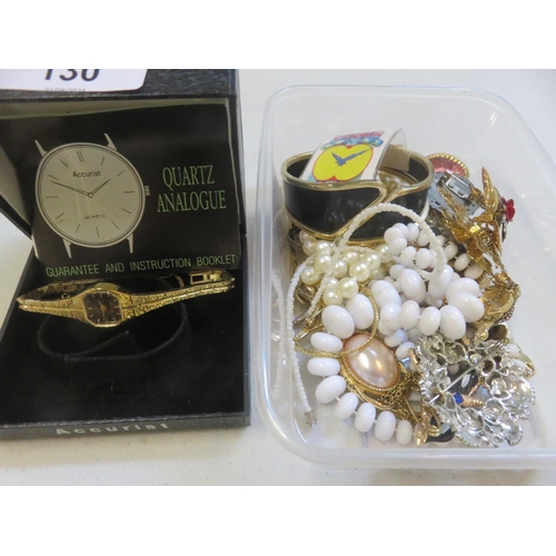 130 - Lot of Costume Jewellery, Accurist Ladies Watch and Ladies Leather Gloves