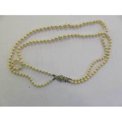 146 - Two Row Cultured Pearl Necklace, White Gold Diamond Clasp