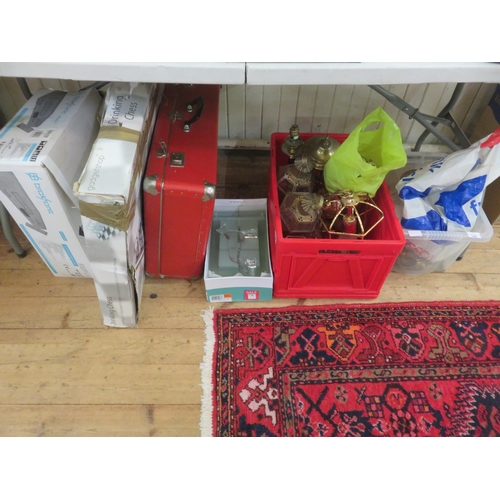 169 - Two boxes containing Brassware, Chess Set, Case and a VCR.