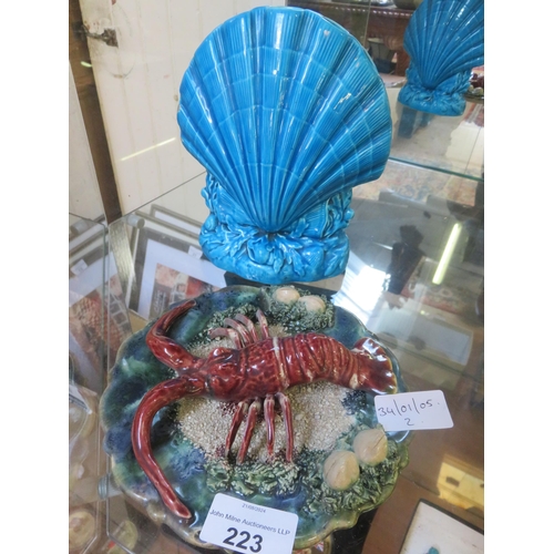 223 - Minton Blue Majolica Bud Holder in the Form of a Shell plus a Majolica Style Lobster on a Plate