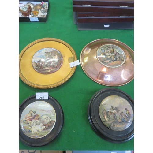 243 - Four Prattware Pot Lids, One in a Beaten Copper Frame