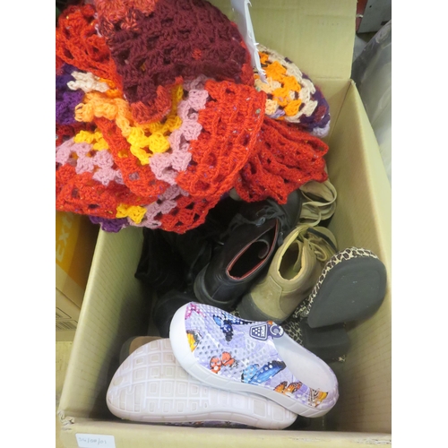 258 - Box of Shoes, Knitted Throw and Softs