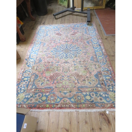 292 - Fringed Rug - 225cm x 148cm - Peach and Blue Ground, One Centre Medallion