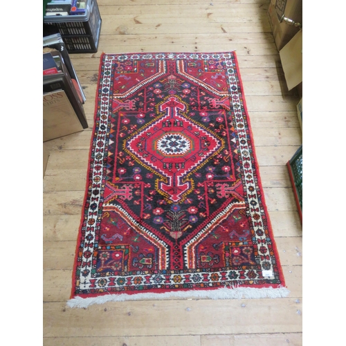 295 - Fringed Rug - 137cm x 85cm - Red Ground, Single Centre Medallion