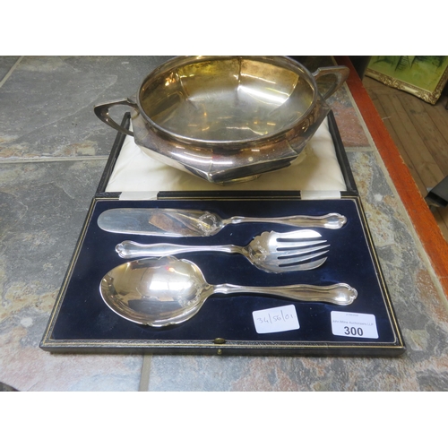 300 - Silver Plated Two Handled Rose Bowl and Cased Plated Desert Set