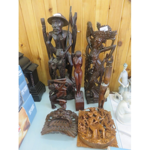 368 - Five Oriental Statues and Two Wall Hanging Carvings