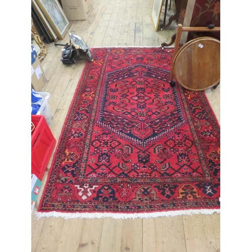 422 - Fringed Rug - 215cm x 130cm - Red Ground, Single centre Medallion