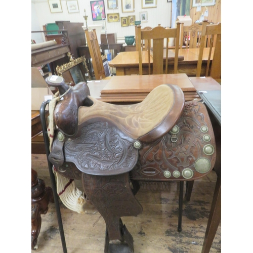 444 - Western Style Saddle on Metal Stand