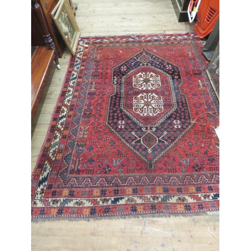 453 - Fringed Rug - 207cm x 170cm, Red Ground, Single Medallion