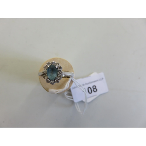 108 - 18ct White Gold Aquamarine & Diamond Cluster Ring