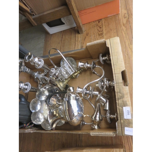 162 - Box of Mixed Plated Ware, Candlesticks, Kettles etc.