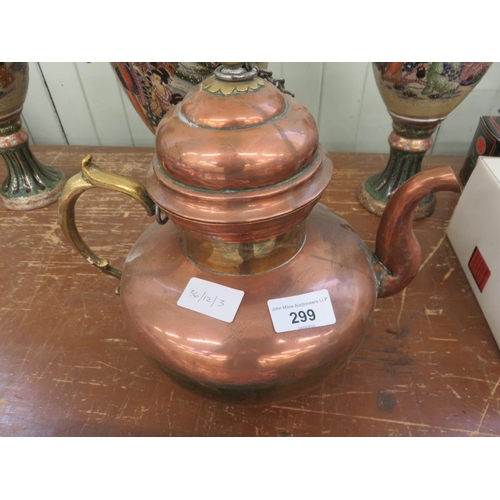 299 - Eastern Brass and Copper Teapot with Chain to Lid