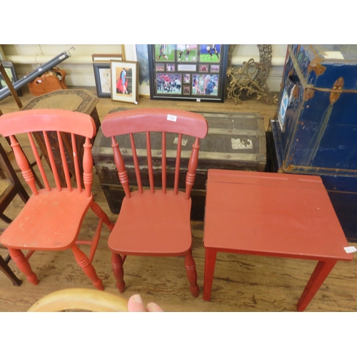 378 - Red Painted Childs Desk and Three Chairs