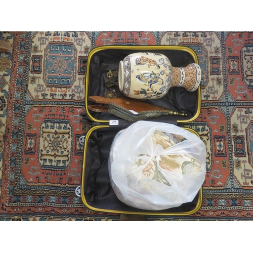 407 - Suitcase Containing, Bellows, Case, Metal Ware and Curtains