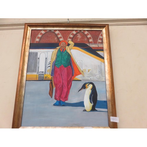 9 - Framed Acrylic - Gent and Penguin on Railway Platform - Michael Greer