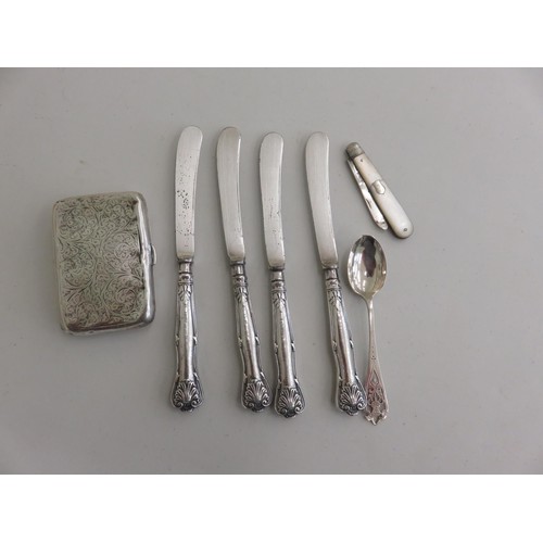 92 - Silver cigarette Case, Silver Spoon, Fruit Knife and Four Butter Knives