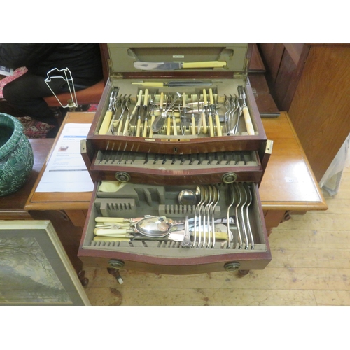 466 - Inlaid Mahogany Cutlery Box and Contents