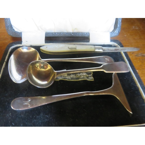 104 - Silver Christening Set, Ladle, and Mop Handled Silver Bladed Fruit Knife