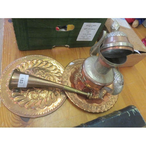 183 - Two Copper Dishes, Teapot, Horn