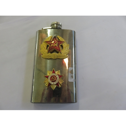 188 - Soviet Armed Forces Flask with Three Badges. Stainless Steel. 6oz