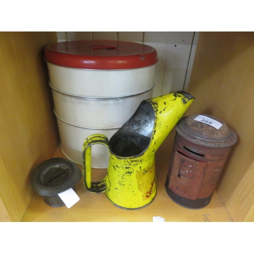 205 - Two Vintage Bankies, Oil Can and Cake Tin