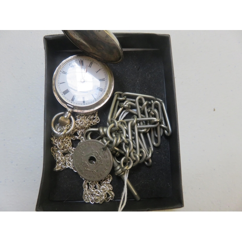 52 - Continental Silver Fob Watch and White Metal Albert Chain