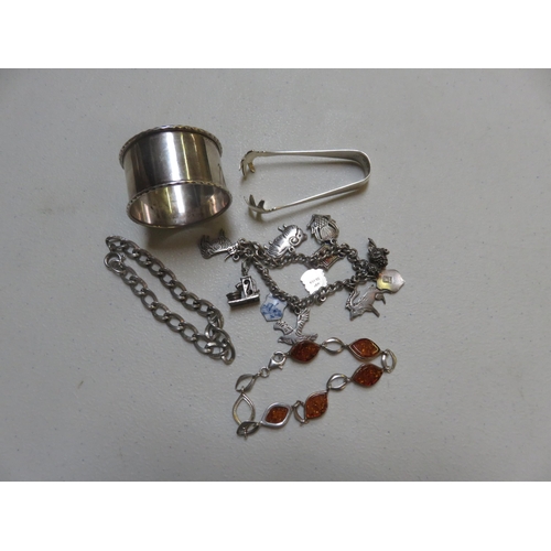 99 - Silver Napkin Ring, Bracelets, Tongs