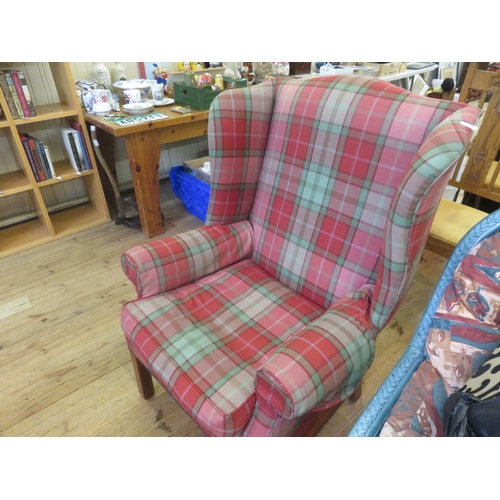 419 - Large Tartan Upholstered Wing Armchair