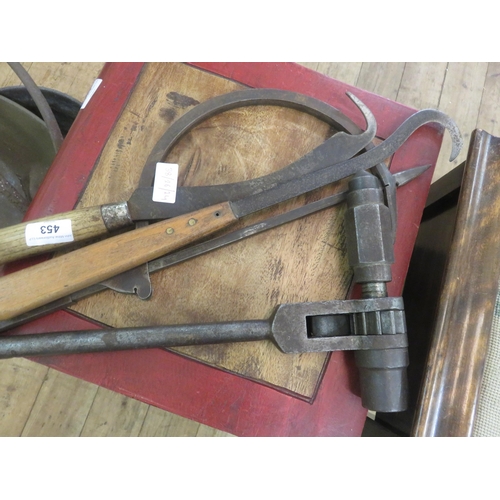 453 - Antique Ratcheting Socket, Thatching Irons and one other tool