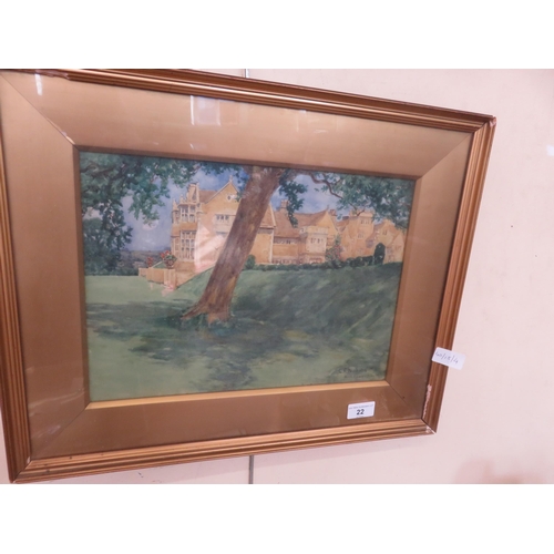 22 - Framed Edwardian Watercolour - A Country Estate - George Frank Nicholls