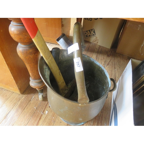 257 - Copper Coal Scuttle with two Axes and Cobblers Tools