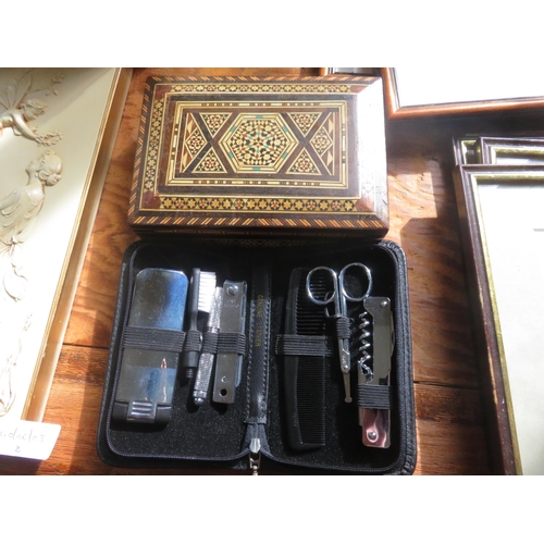 307 - Inlaid Jewellery Box and Cased Grooming Set