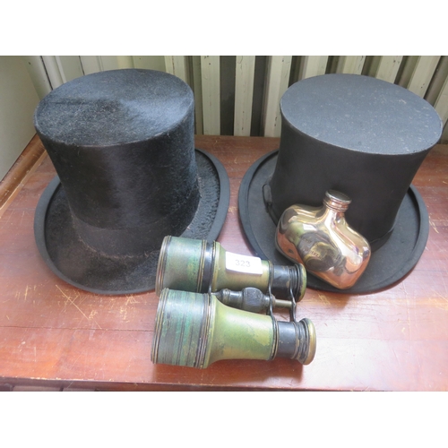 323 - Two Top Hats, Hip Flask, and Binoculars