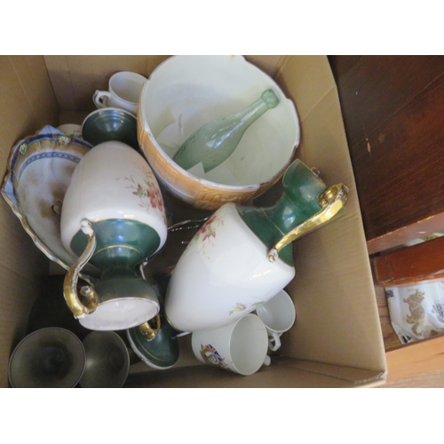 324 - Box containing Royalty Cups, Metalware, Antique Schweppes Bottle, etc