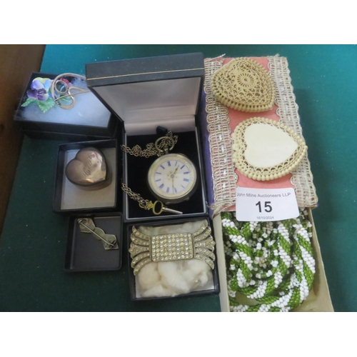 15 - Odd lot: Silver and Enamel Face Fob Watch, Marcasite  Belt Buckle, Silver Brooch etc