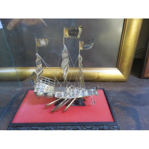 51 - White Metal Chinese Model Junk on Stand and With Glazed Case