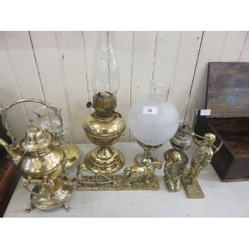 58 - Five Paraffin Lamps and Two Brass Miner Figures and Brass Horse and Plough Figure