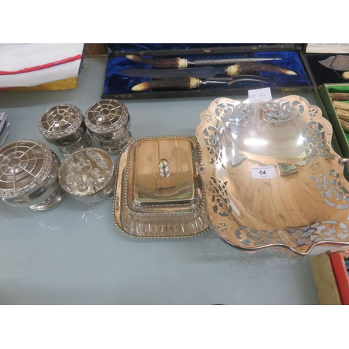 64 - Silver Plated Cheese Dish, Fruit Bowl and four  Silver Plated Rose Bowls