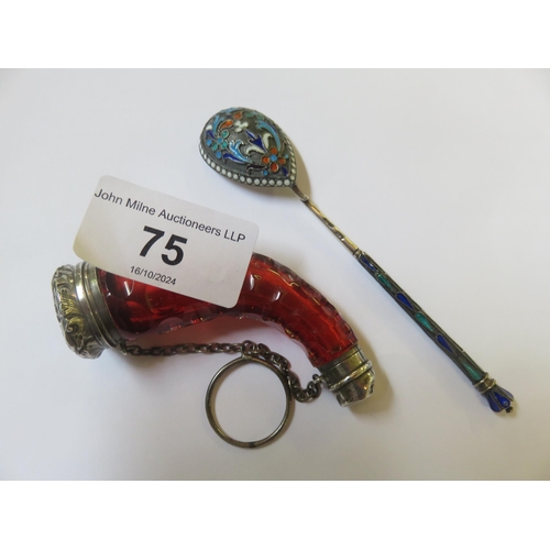 75 - Cloisonne Enamelled Spoon and Silver Mounted Red Glass Scent Bottle