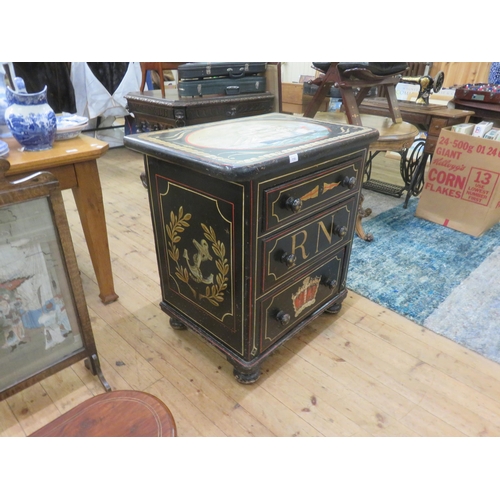 110 - Three Drawer Pitch Pine Chest depicting Royal Navy Scenes 