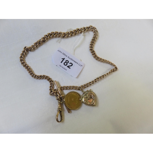 9ct. Gold Albert Chain with half sovereign charm and yellow metal locket charm, total weight 42.8 grams