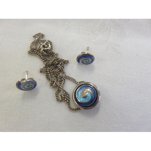 230 - Sheila Fleet Silver and Blue Enamel Circle Pendant and matching Earrings