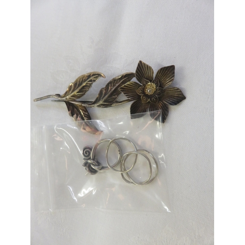 237 - Large Silver Flower Brooch, Pair of Earrings (a/f) and two Silver Rings