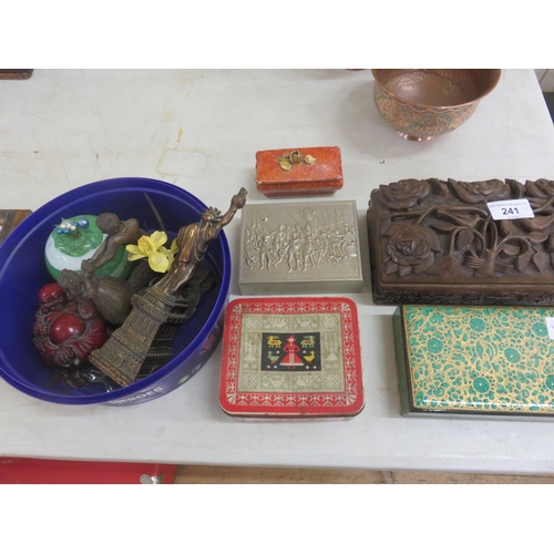 241 - Carved Wooden Box and Other Tins