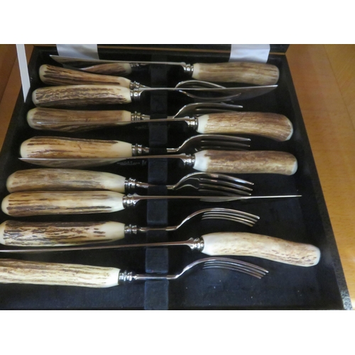 258 - Twelve Horn Forks and Steak Knives in case