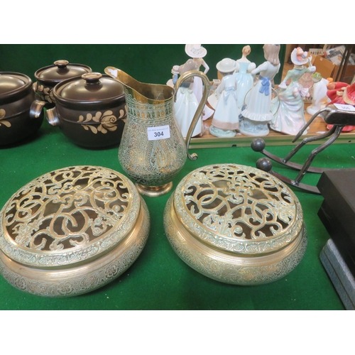 304 - Two Brass Rose Bowls and Jug with Middle Eastern Motif